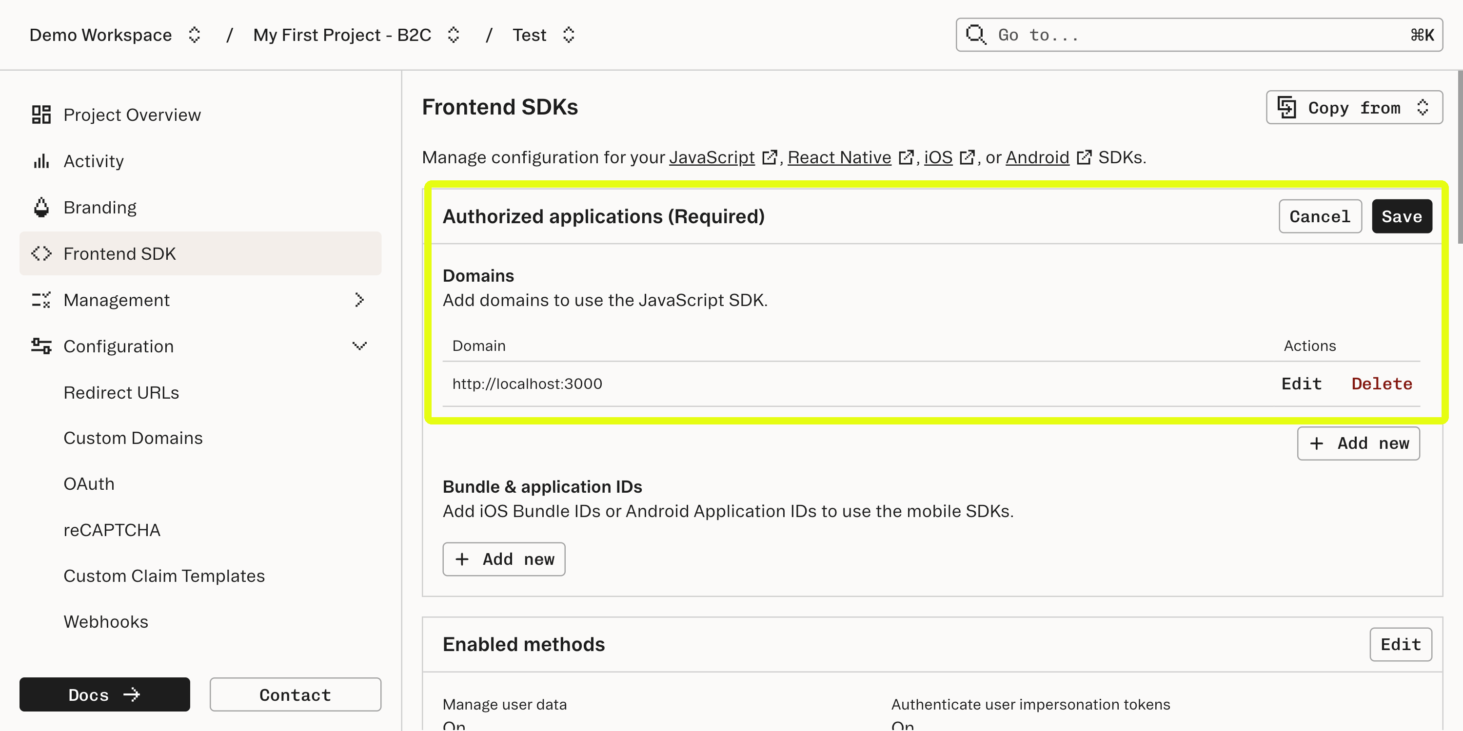 Authorized frontend applications for SDK use