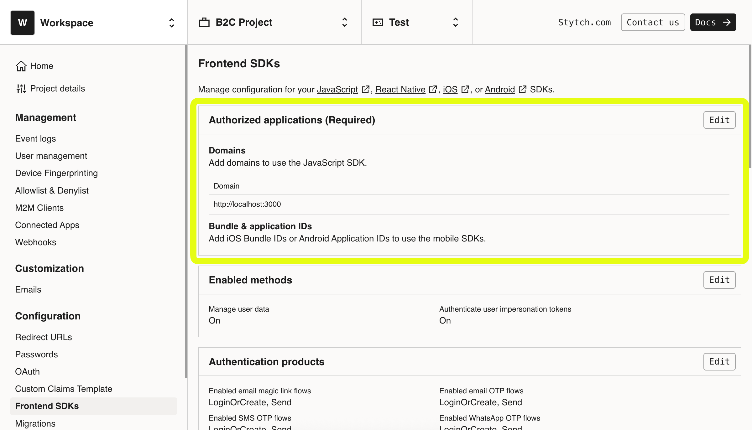 Authorized frontend applications for SDK use