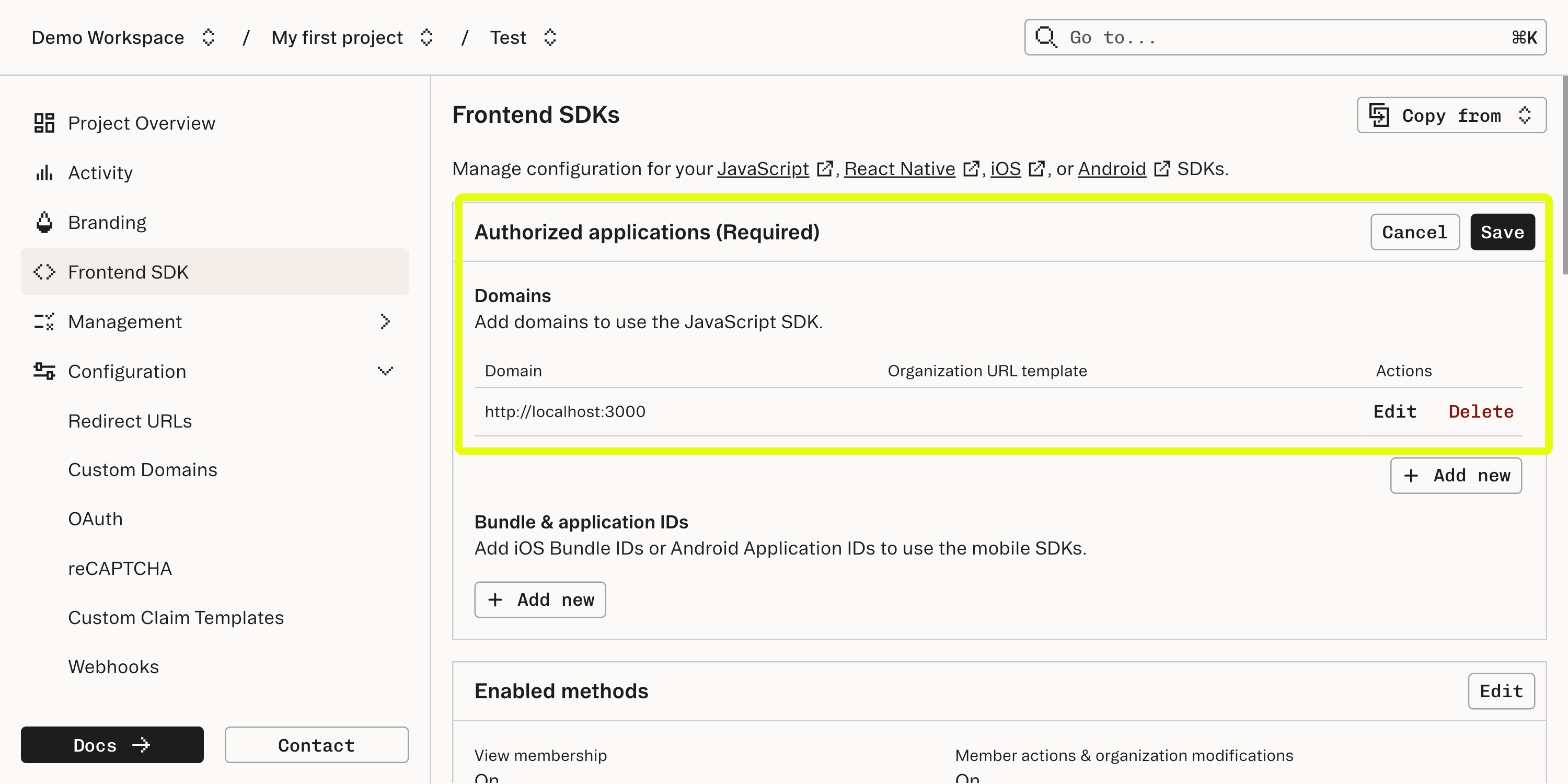 Authorized frontend applications for SDK use