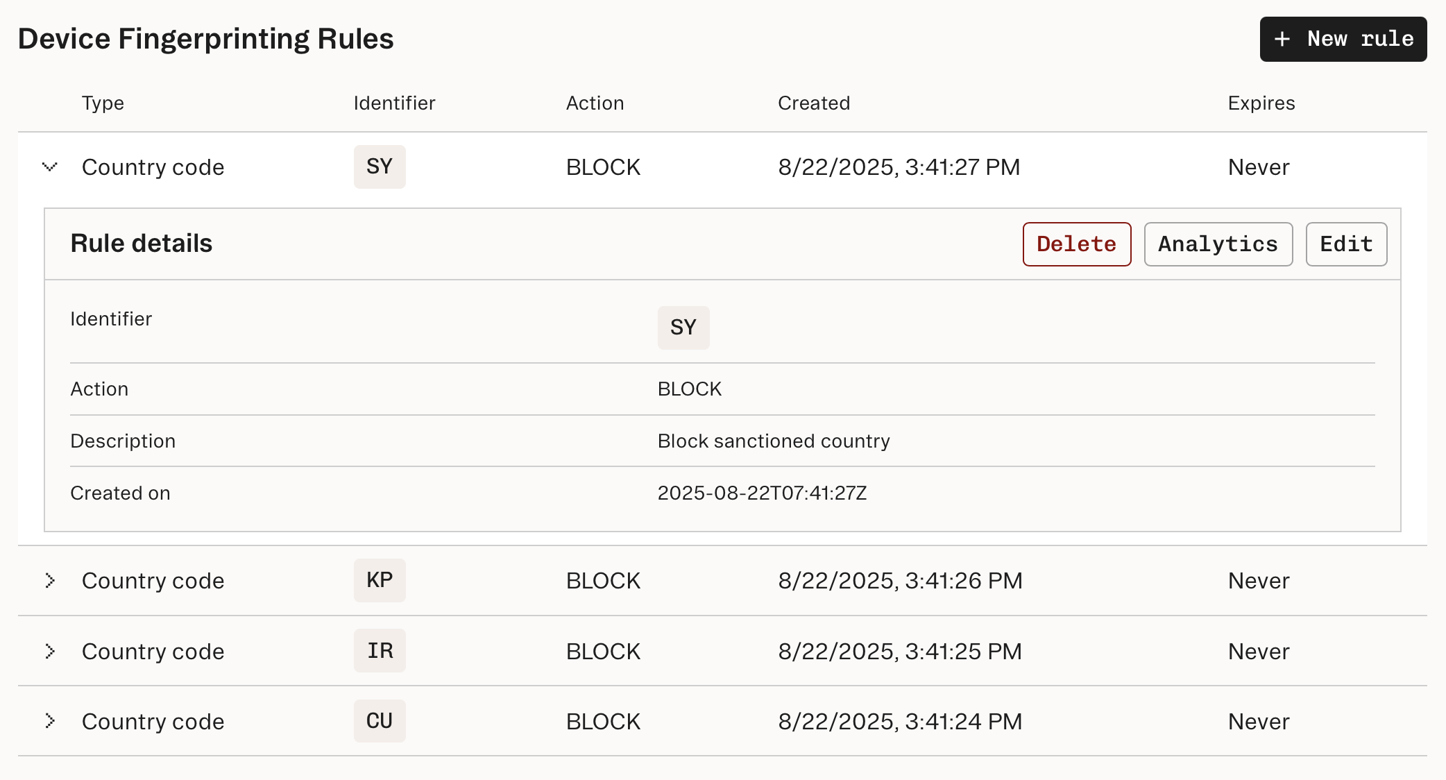 Sanctioned country block rules in the Dashboard