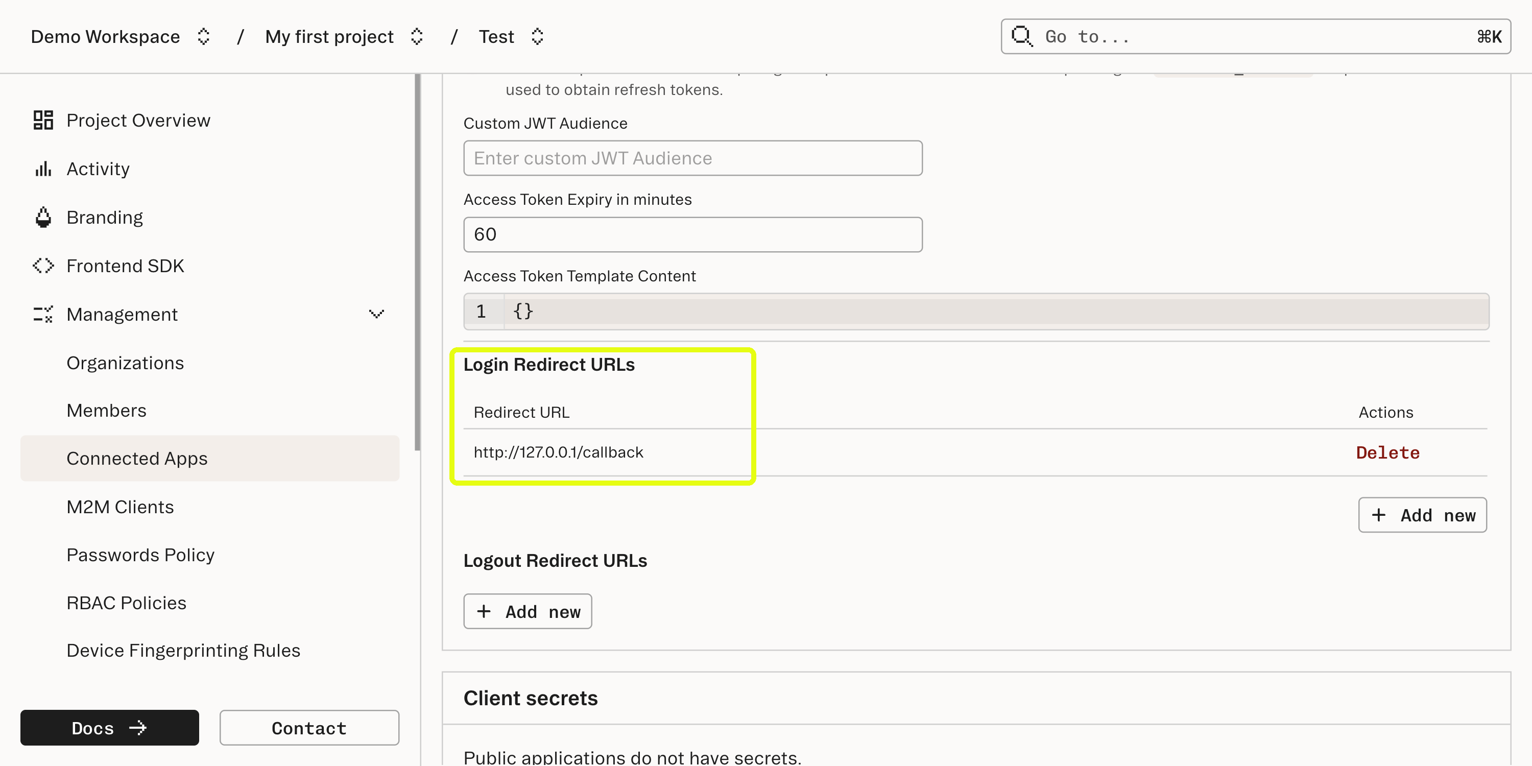 Login redirect URL