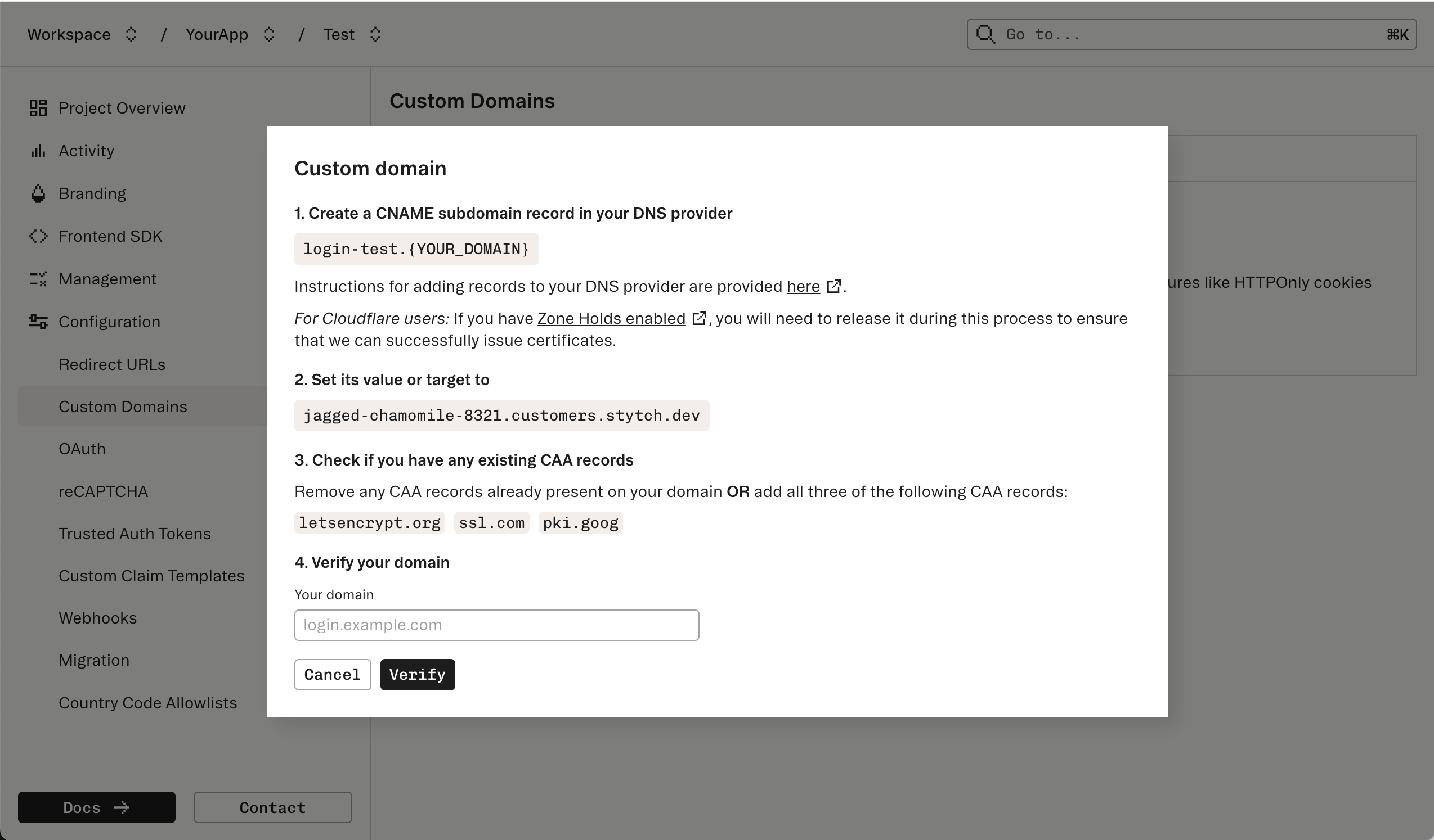 Configuring the custom domain in the Stytch Dashboard