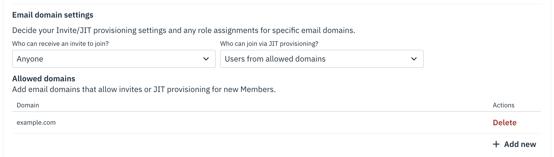 Dashboard page for configuring JIT Provisioning by email domain