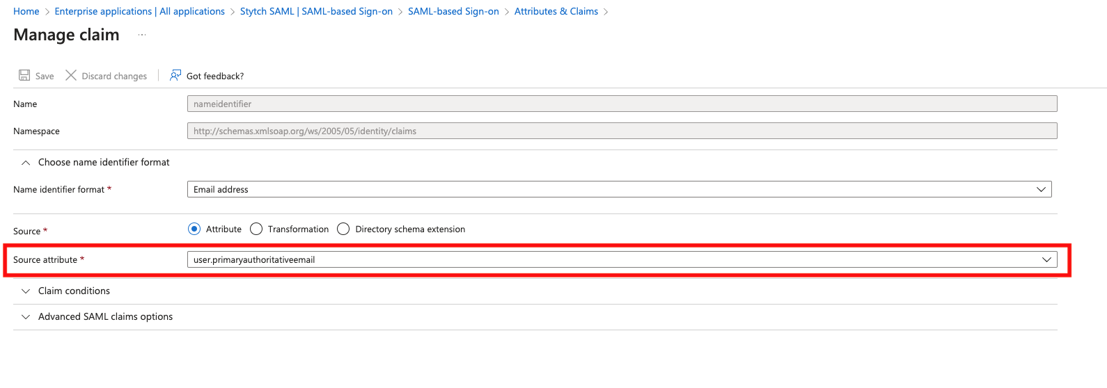 Entra edit NameID claim to use primary authoritative email