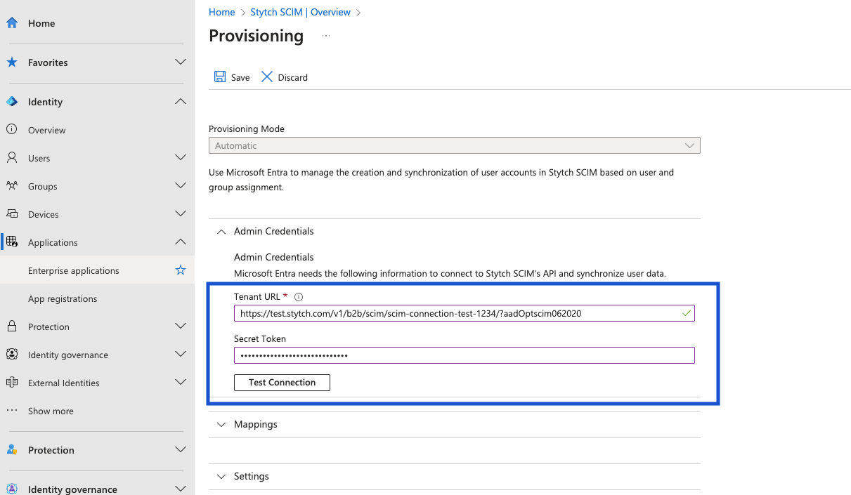 Input admin credentials for SCIM with Microsoft Entra