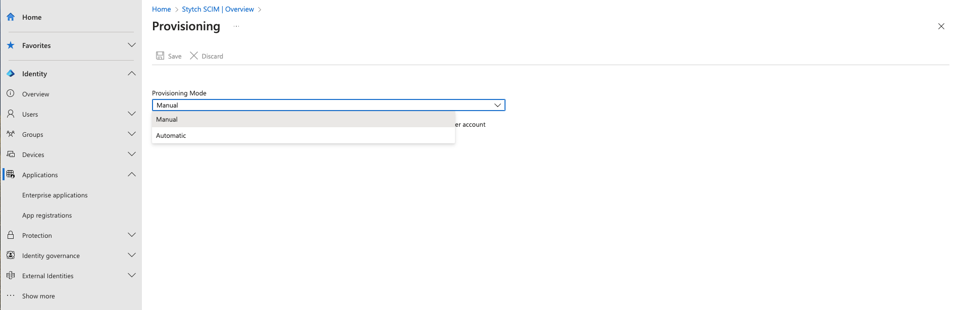 Select automatic provisioning mode in Entra SCIM app