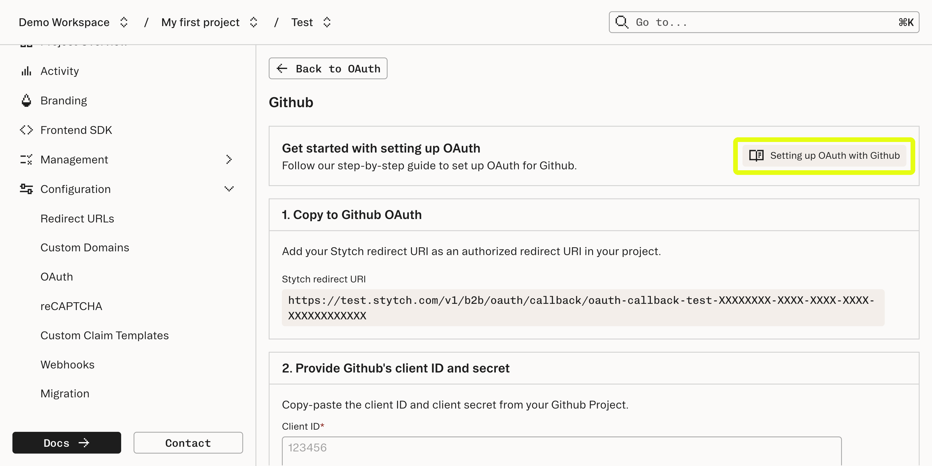 Stytch Github OAuth configuration