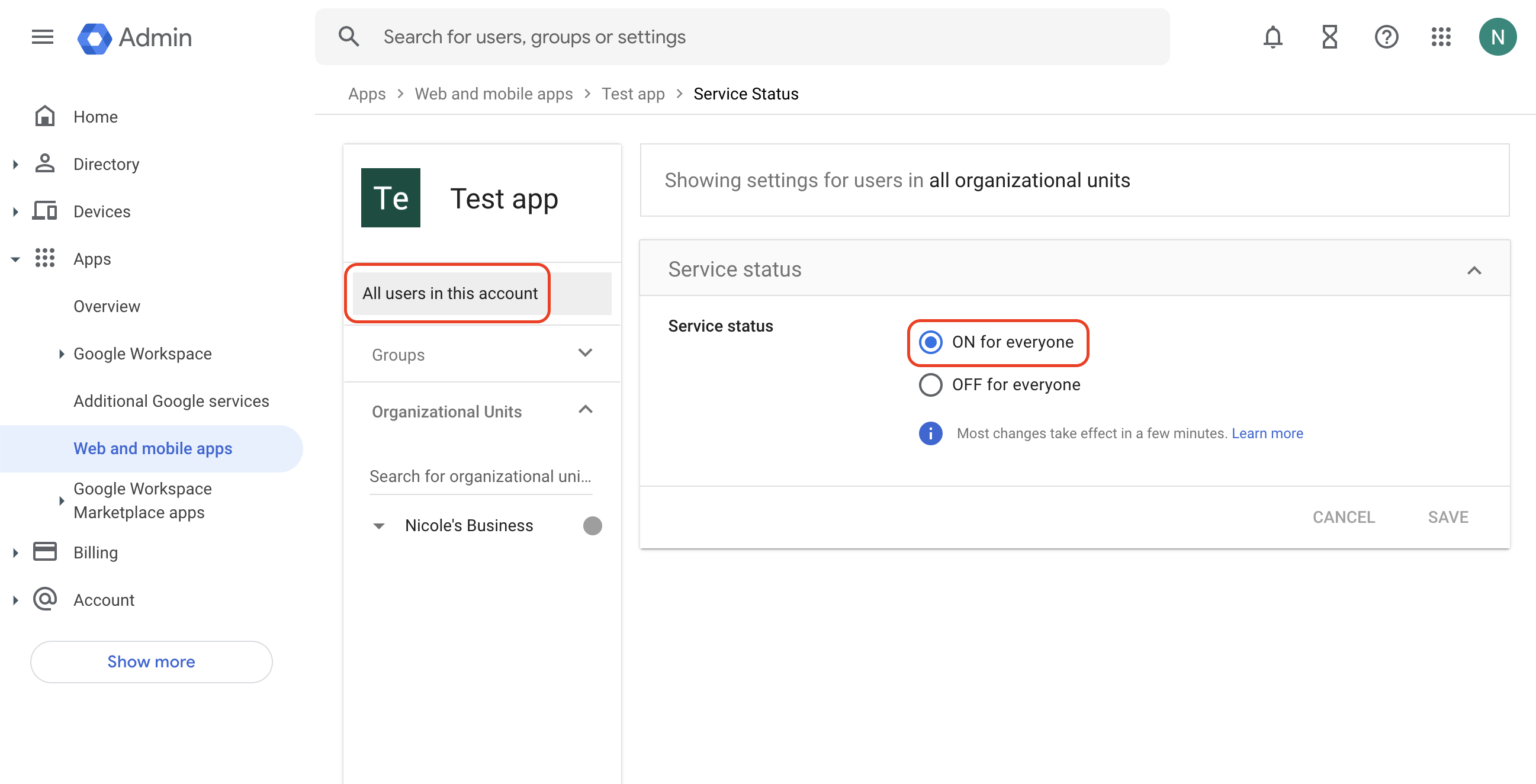 Service status toggle in Google Workspace