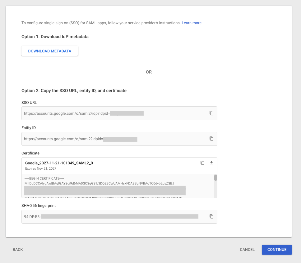 Google Workspace SAML IdP config information