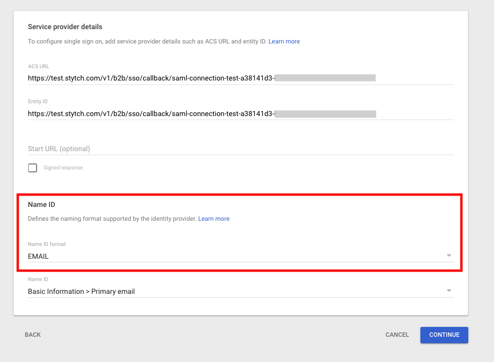 Google SAML service provider details