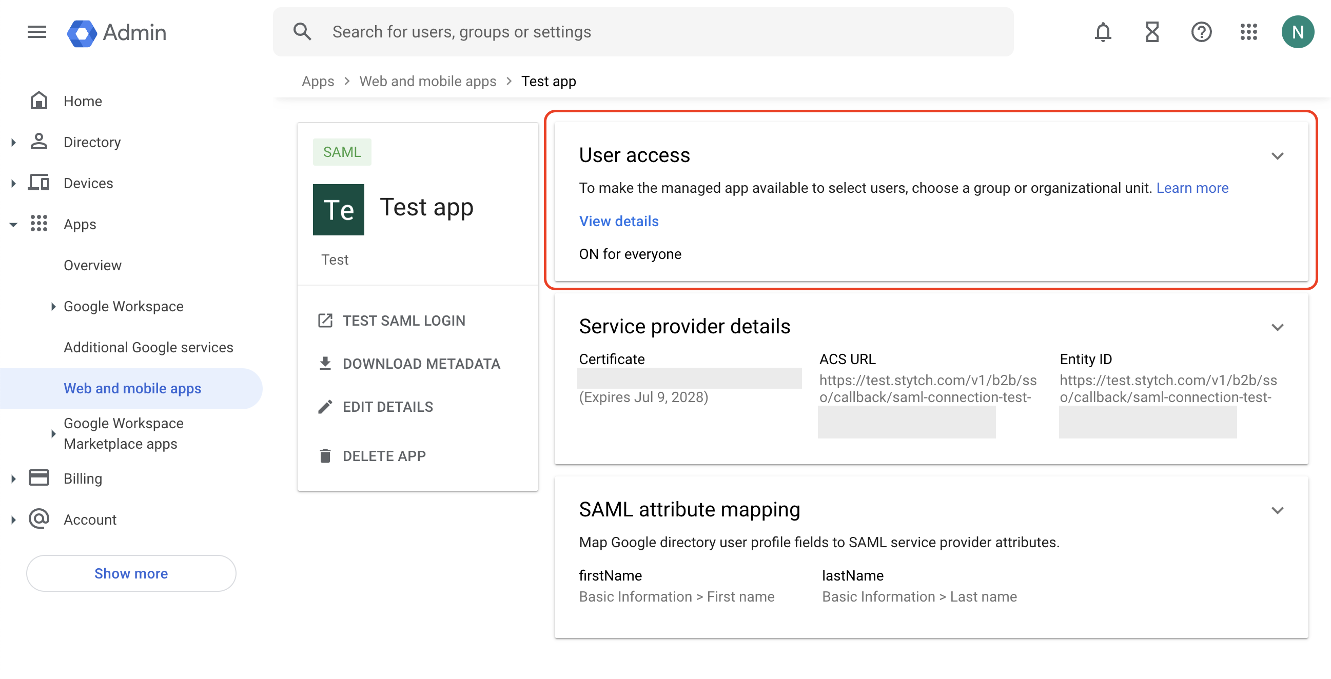 User access page in Google Workspace