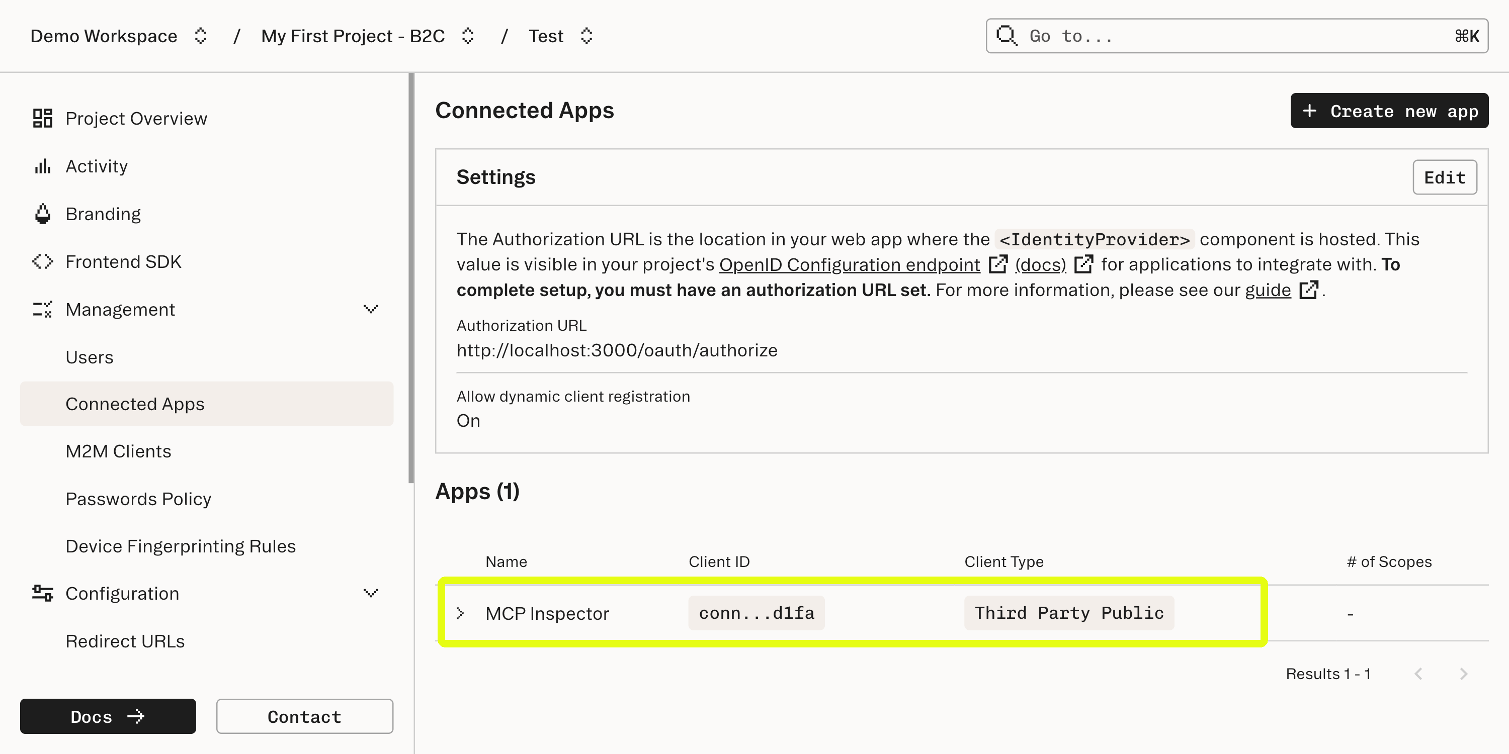 MCP Inspector has registered as a Connected Apps client