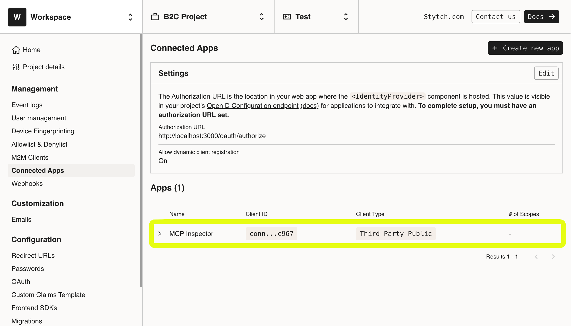 MCP Inspector has registered as a Connected Apps client