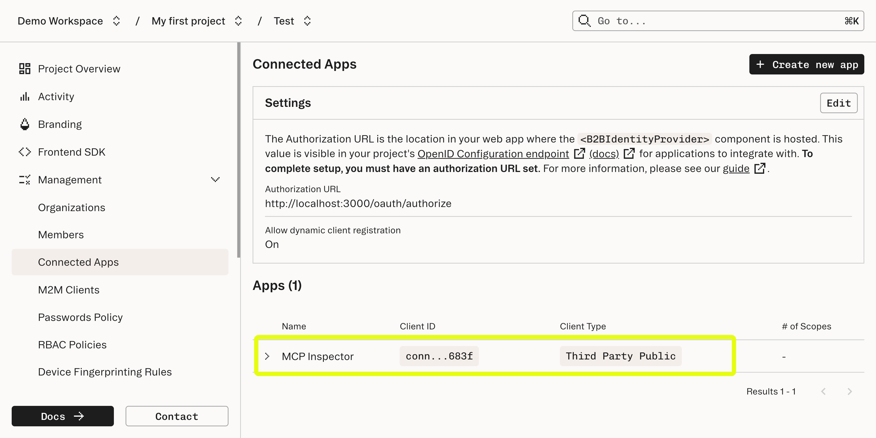 MCP Inspector has registered as a Connected Apps client