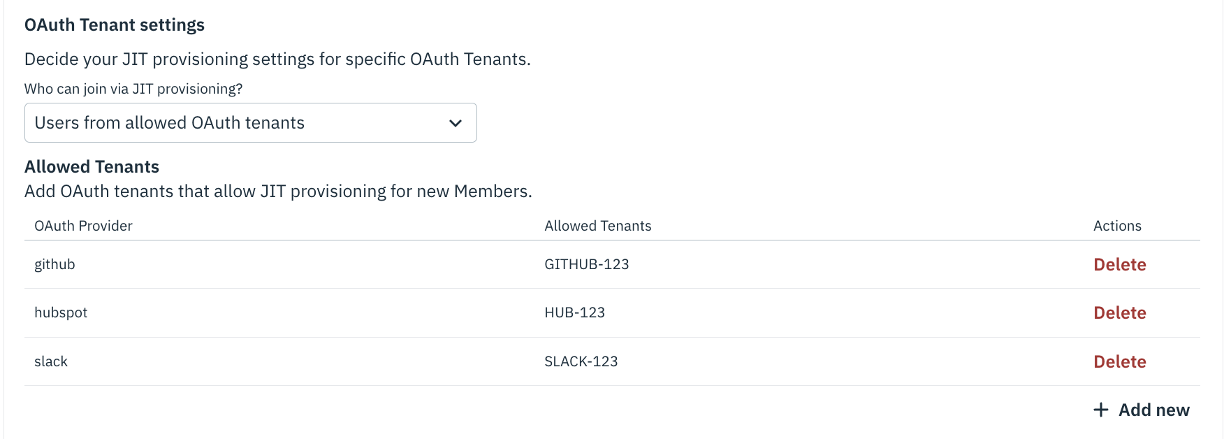 Dashboard page for configuring JIT Provisioning by OAuth Connection