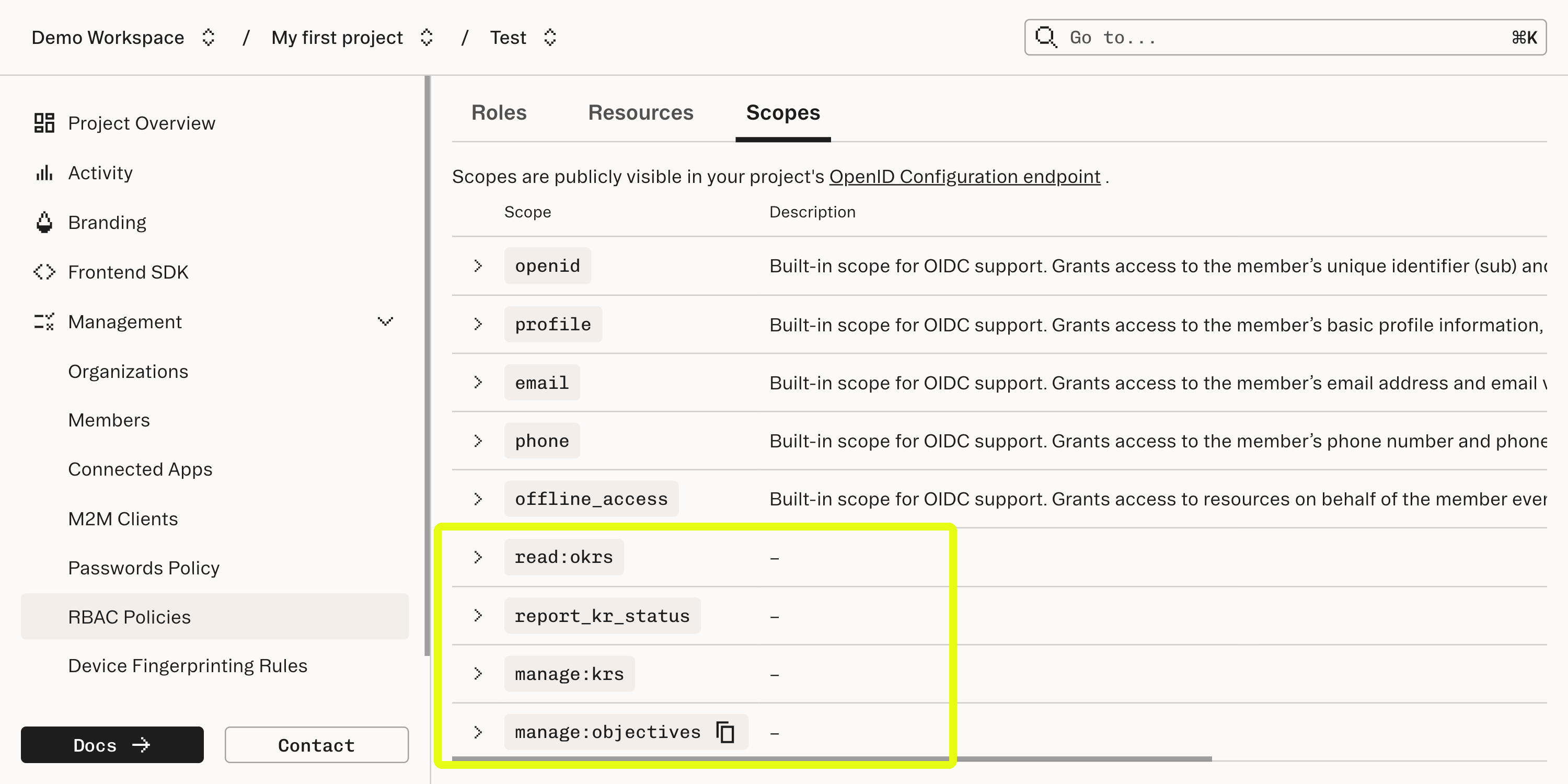 Scopes defined by the OKR Manager app
