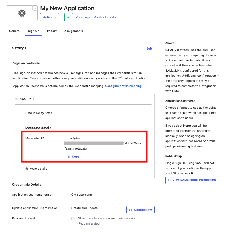 Copy SAML Metadata URL in Okta